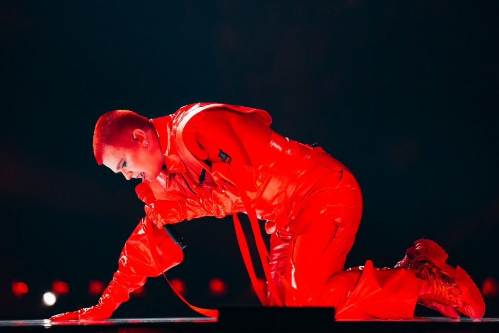 Red Sebastian performing Strobe Lights for Belgium at the First Semi-Final in St. Jakobshalle
