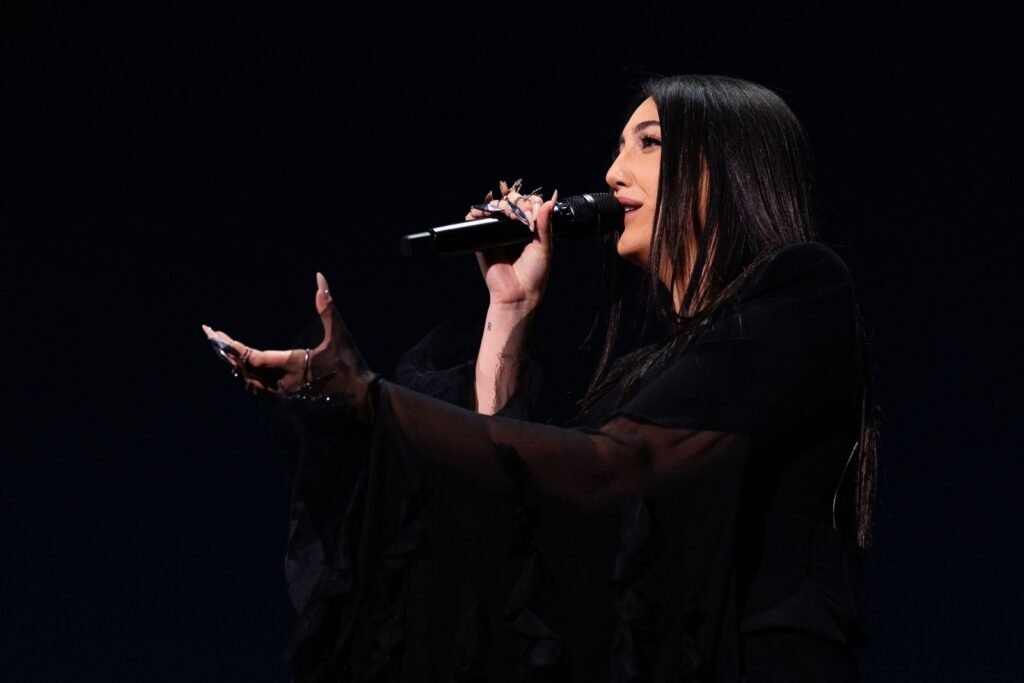 Yuval Raphael from Israel performed New Day Will Rise in the Grand Final of Eurovision 2025 in Basel, Switzerland