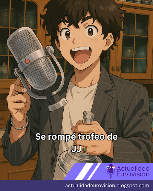 JJ sosteniendo el micrófono de cristal roto tras su victoria en Eurovisión 2025