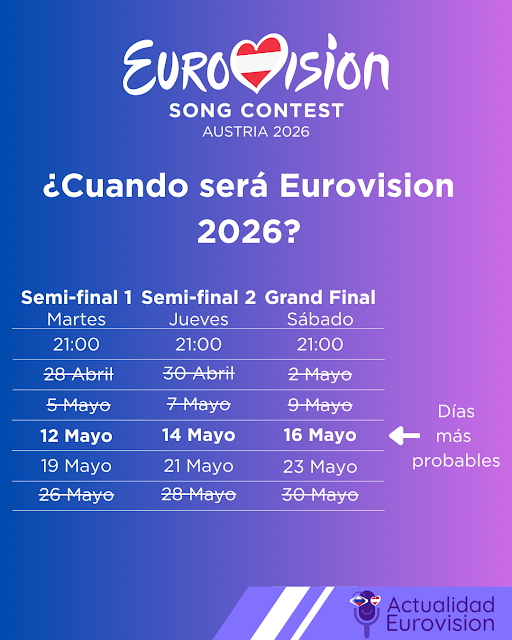Fechas Propuestas y Ciudades Candidatas para Eurovisión 2026 en Austria Calendario destacando las fechas propuestas para Eurovisión 2026 junto al logo oficial del evento