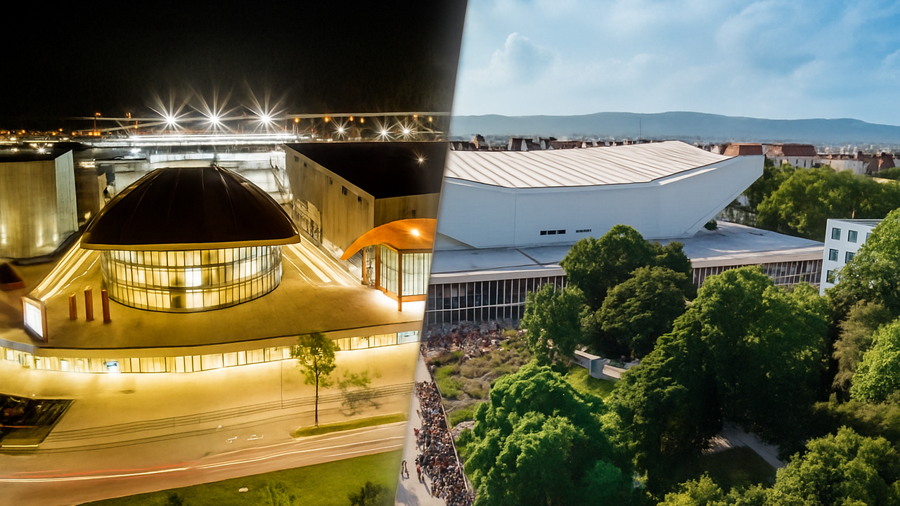 Vistaaérea del Olympiahalle en Innsbruck y del Wiener Stadthalle de Viena