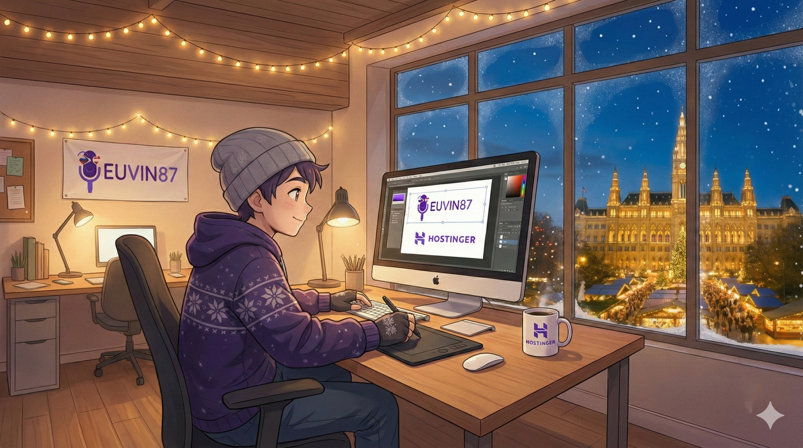 Vista previa del sitio web euvin87.com en una computadora portátil, mostrando un ejemplo de blog profesional creado con Hostinger.