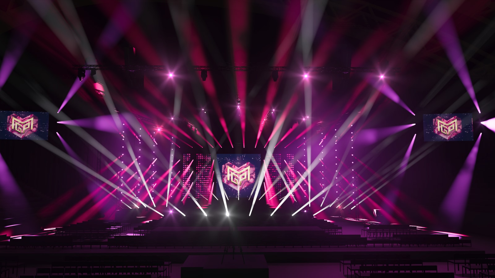 Diseño del escenario del Melodi Grand Prix 2026 en el Håkons Hall con iluminación púrpura